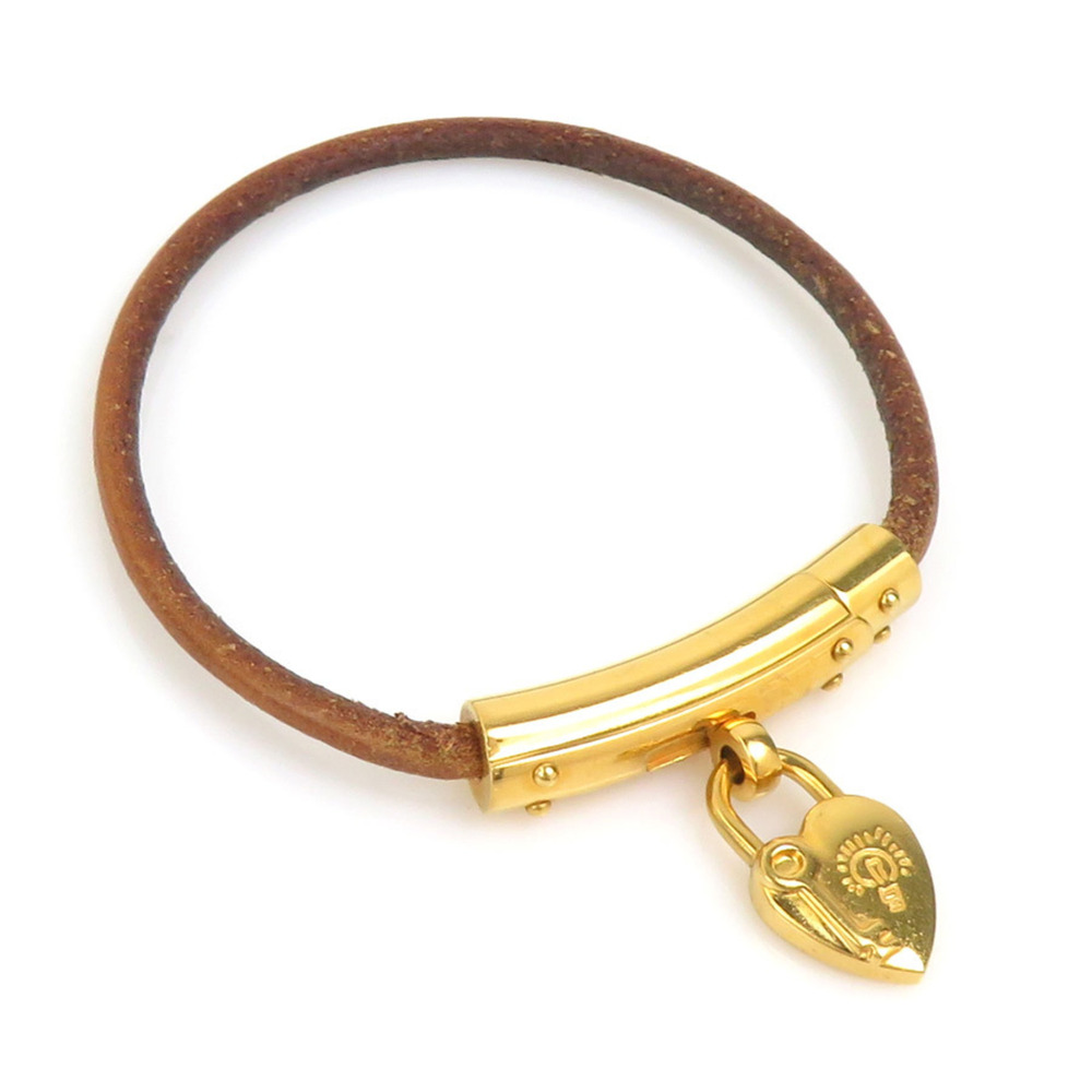 Hermes HERMES Bracelet with Padlock Charm, Leather, Metal, Brown Gold, Women'...